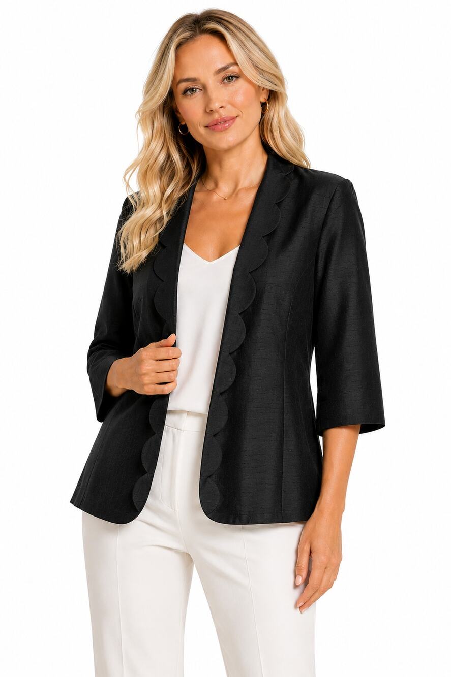 Patty Kim 100% Silk Scalloped Open Front Jacket Size Small ¾ Sleeve Dupioni